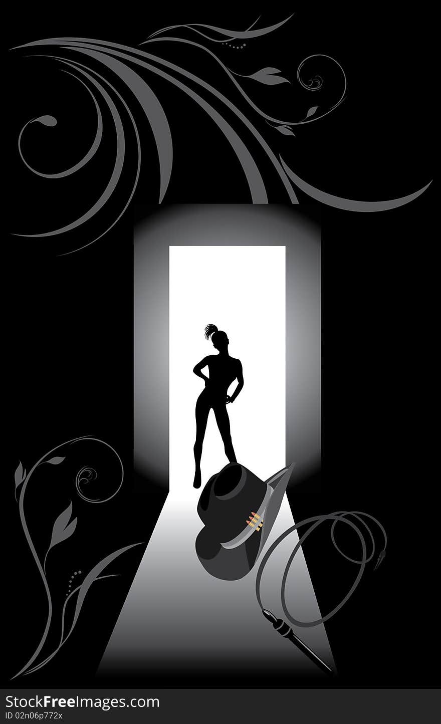 Cowboy hat, whip and female silhouette