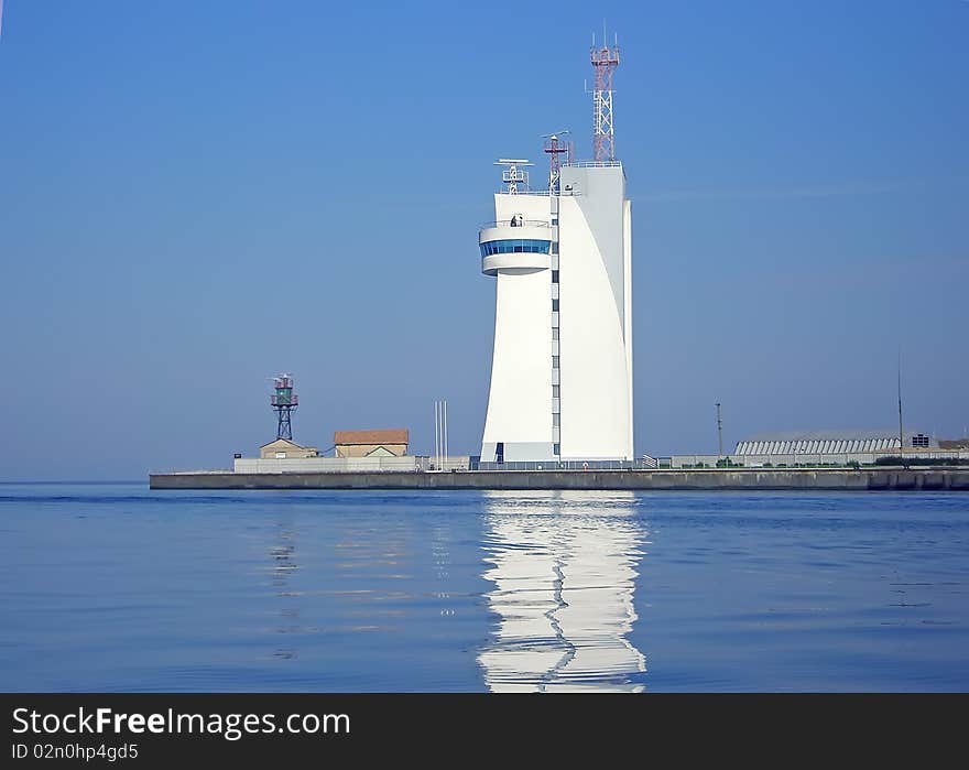 Lighthouse on the coast. Located in the Northern Black Sea coast on the edge of the Dnieper-Bug estuary and the Black Sea, city Ochakiv, Ukraine