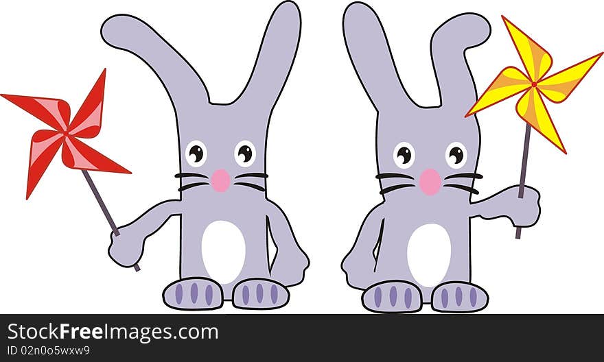 Two hares with spinners - soft toys, vector cartoons, the fantastic characters.