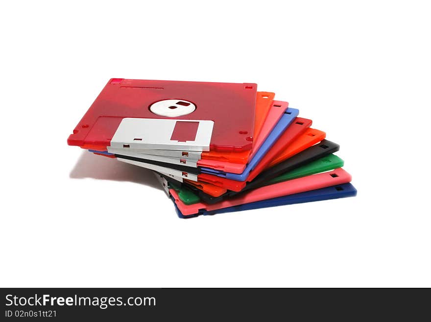 Pile of color diskettes on a white background