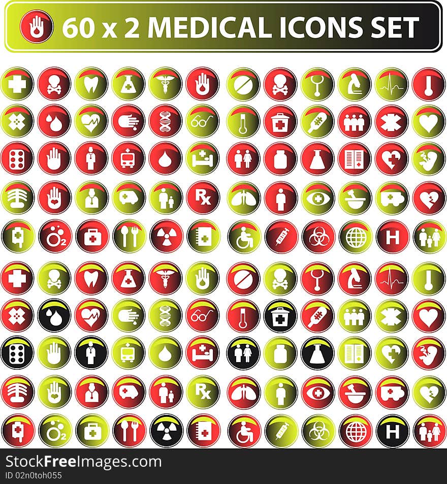 60x2 shiny Medical icons, button web set, eco color