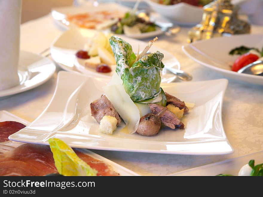 The dish that stands on the table and decorated banquet