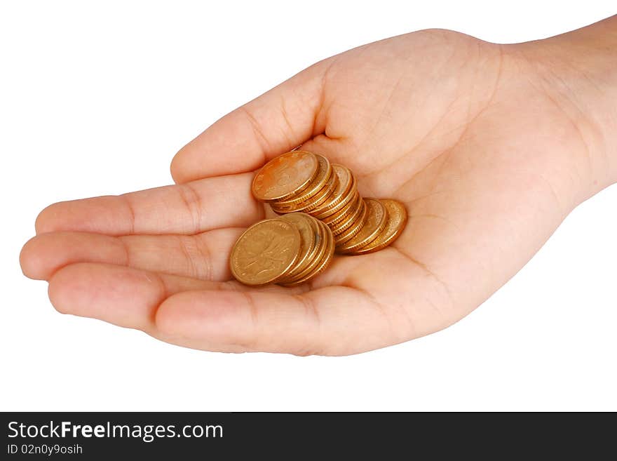 Coins in woman's hands (white background)