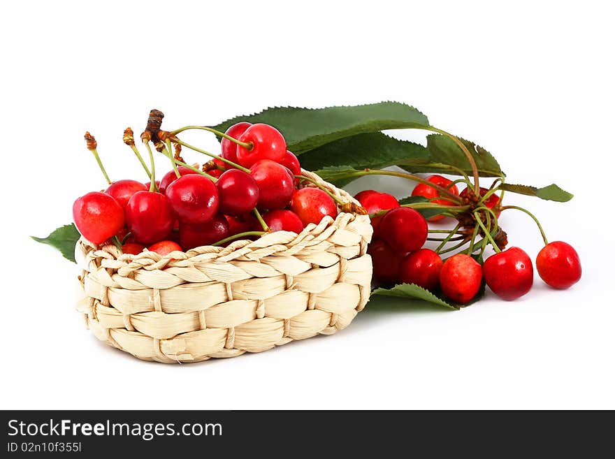 Ripe berries of a sweet cherry in a basket with a branch on a white background