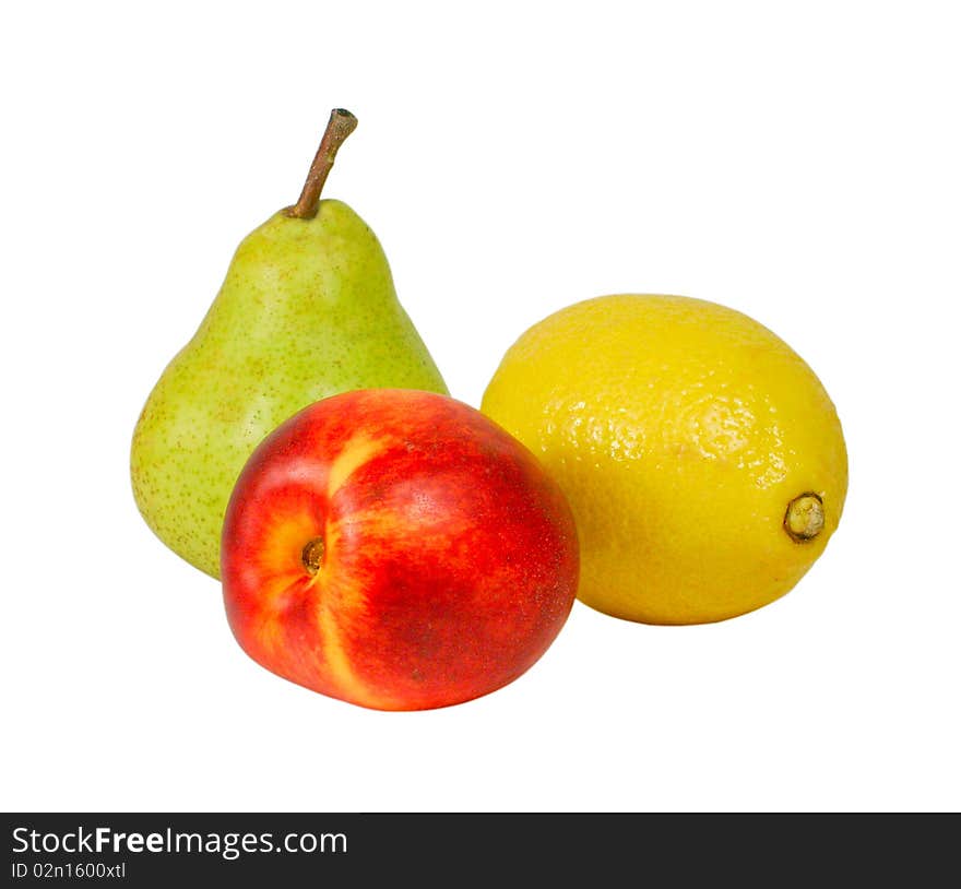 Pear, nectarine and lemon on a white background. Pear, nectarine and lemon on a white background