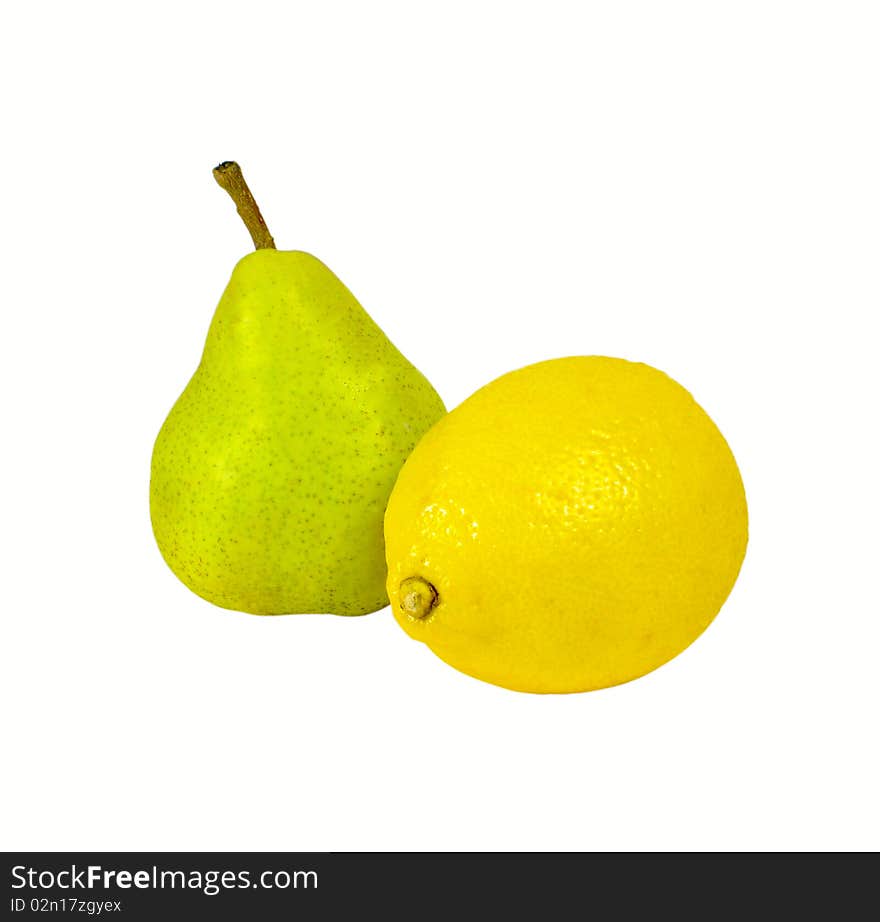 Pear and lemon on a white background