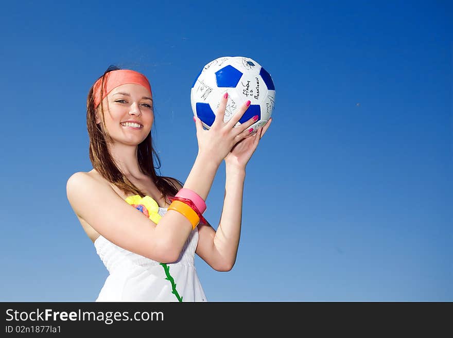 Girl in kerchief with ball. Girl in kerchief with ball