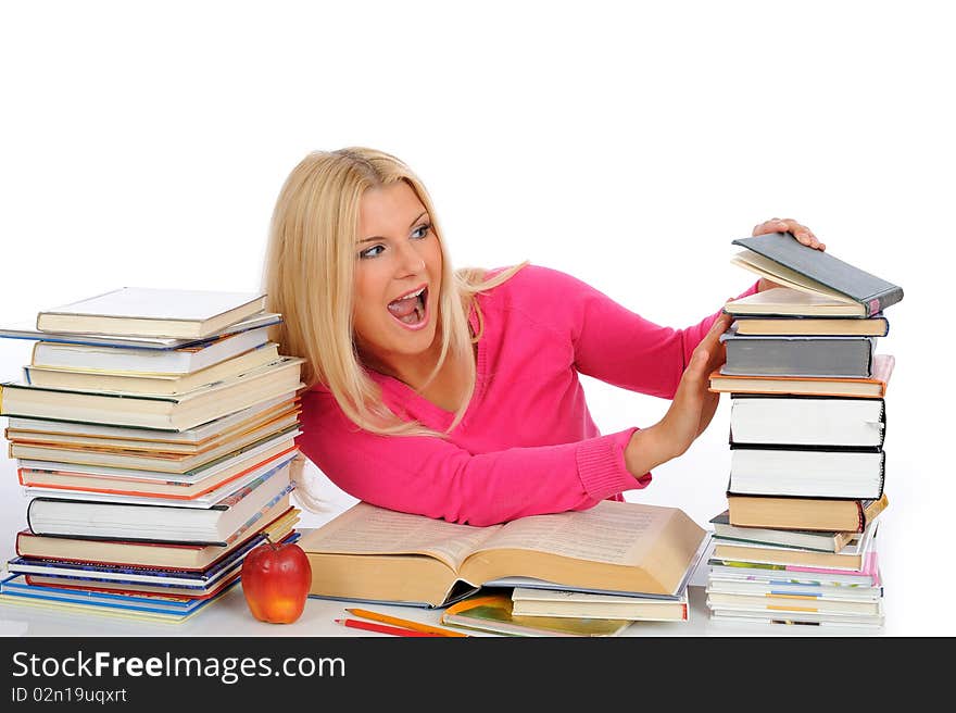 Portrait of young  student girl with lots of books in panic. isolated on white background. Portrait of young  student girl with lots of books in panic. isolated on white background