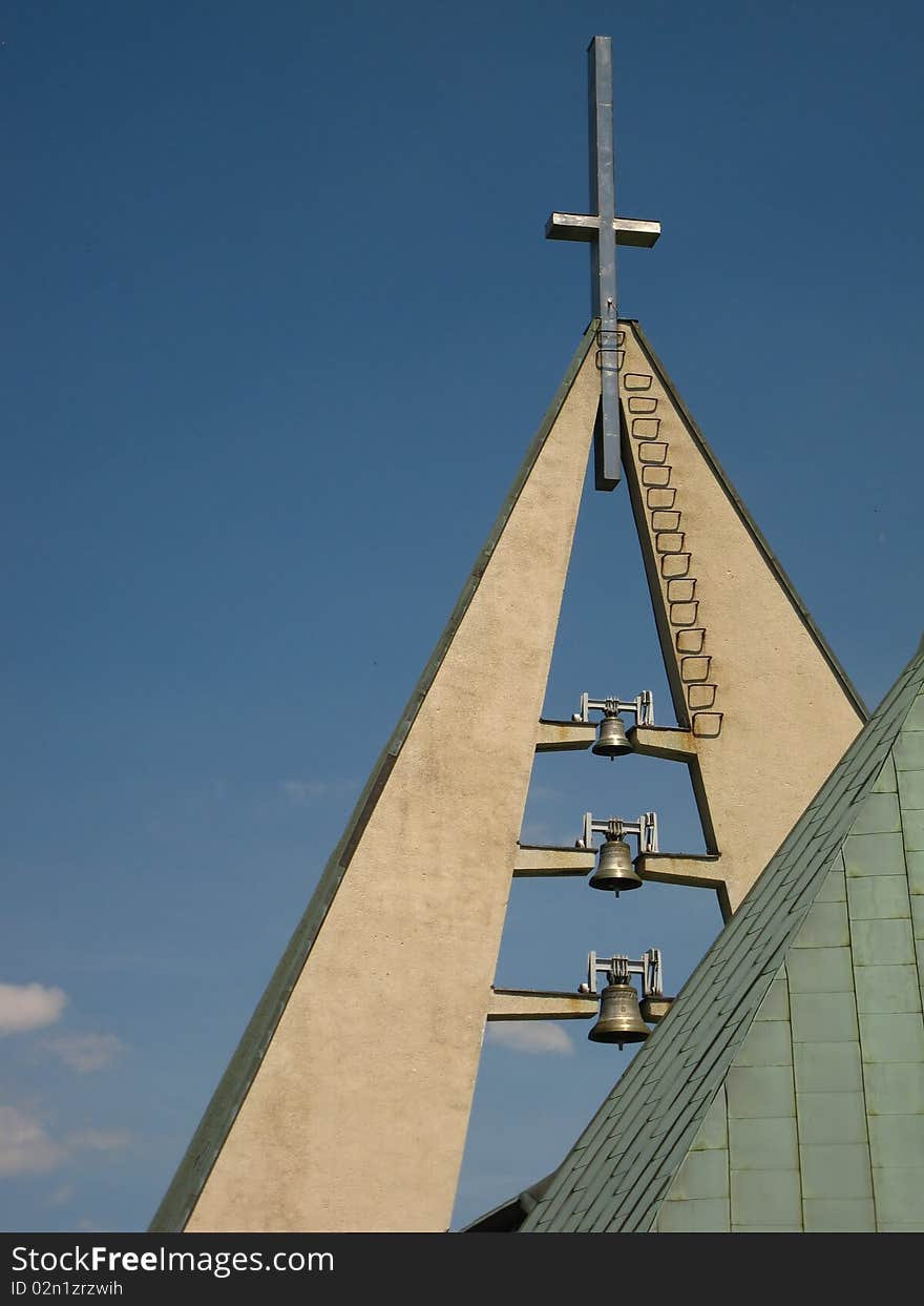 Bells in the church tower in Poland in Bystra