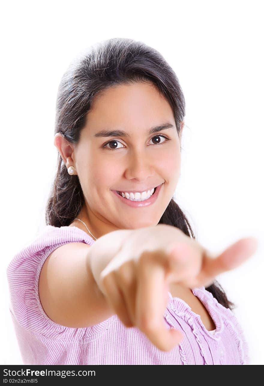 Student pointing and looking at the camera. White Background. Student pointing and looking at the camera. White Background