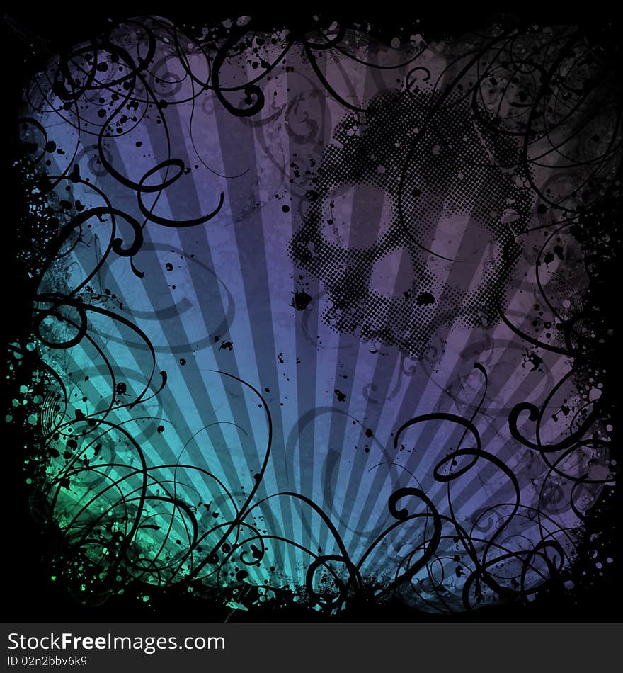 Grunge background with Radial strip and skull