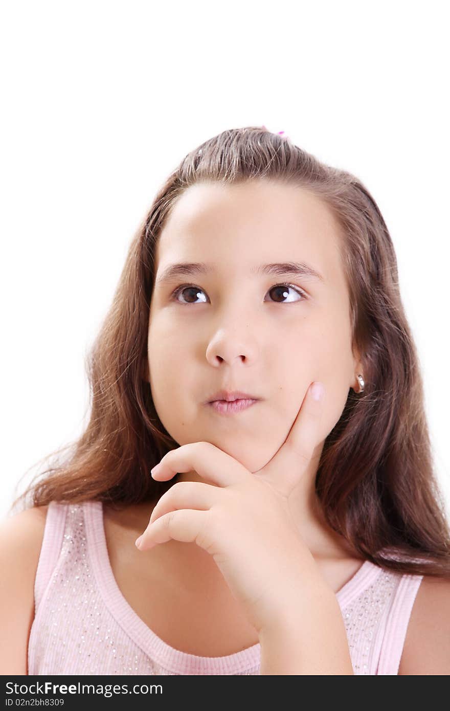 Girl thinking and looking up. White background