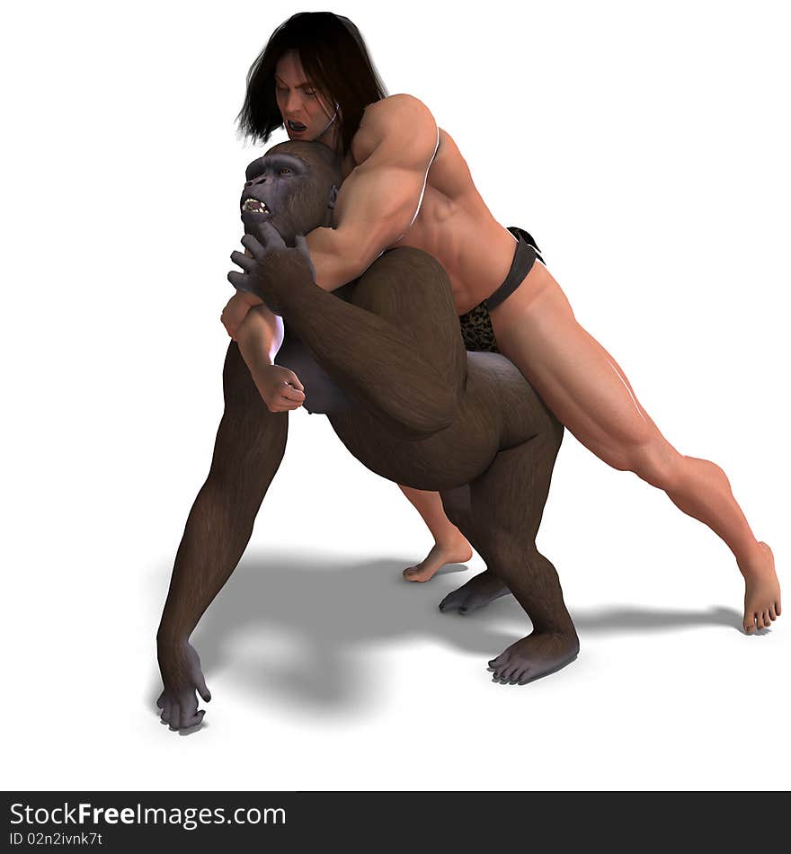 Apeman and gorilla are fighting. 3D rendering with clipping path and shadow over white