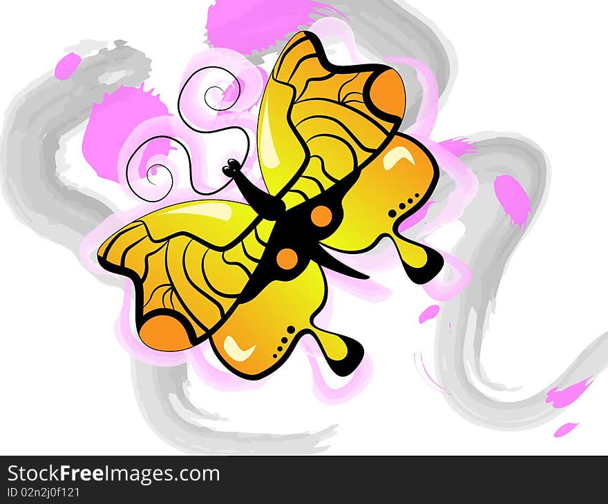 Vector picture of yellow  butterfly on pink and grey background