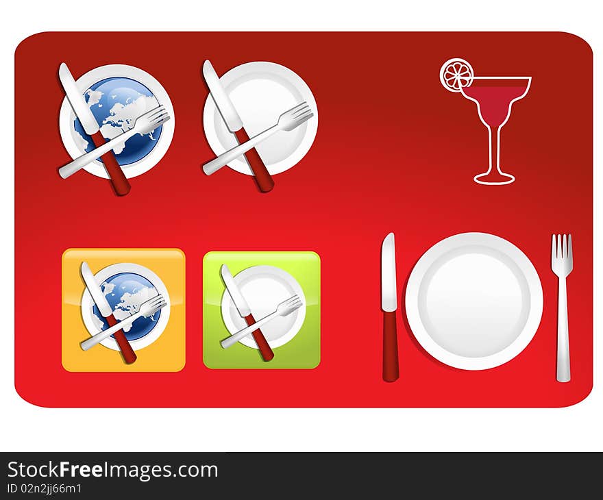 Place setting with globe, plate, fork, knife, and glass of beverage; global gourmet icon illustration