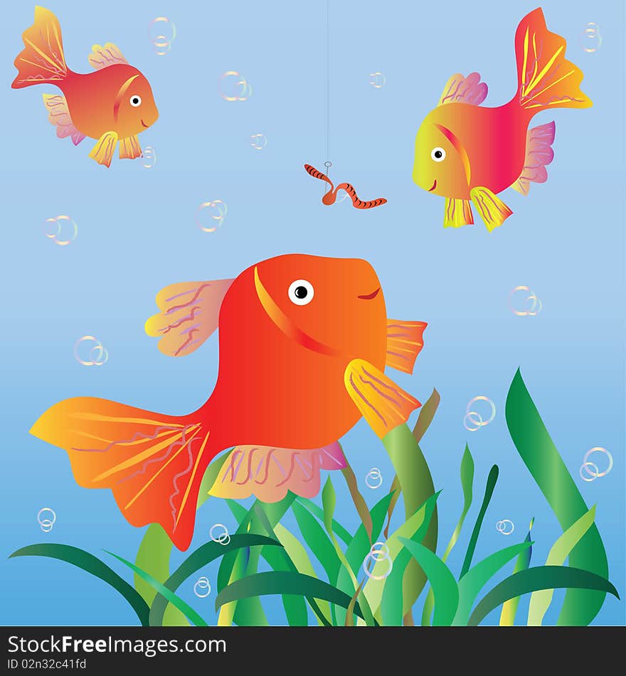 Small fishes look at a worm. Vector illustration.