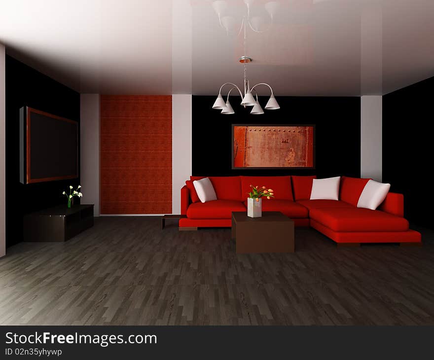 Red sofa in a drawing room 3d image