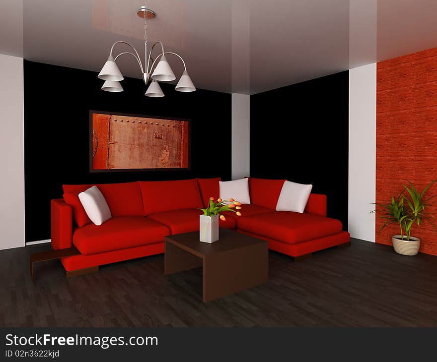 Red sofa in a drawing room 3d image