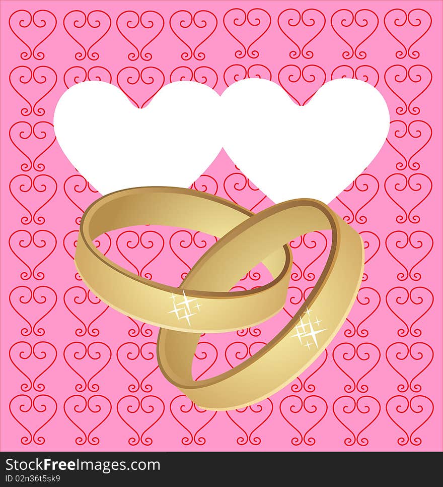 Two wedding rings on hearts background