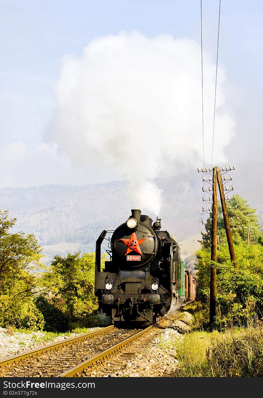 Train with steam locomotive near Handlova, Slovakia