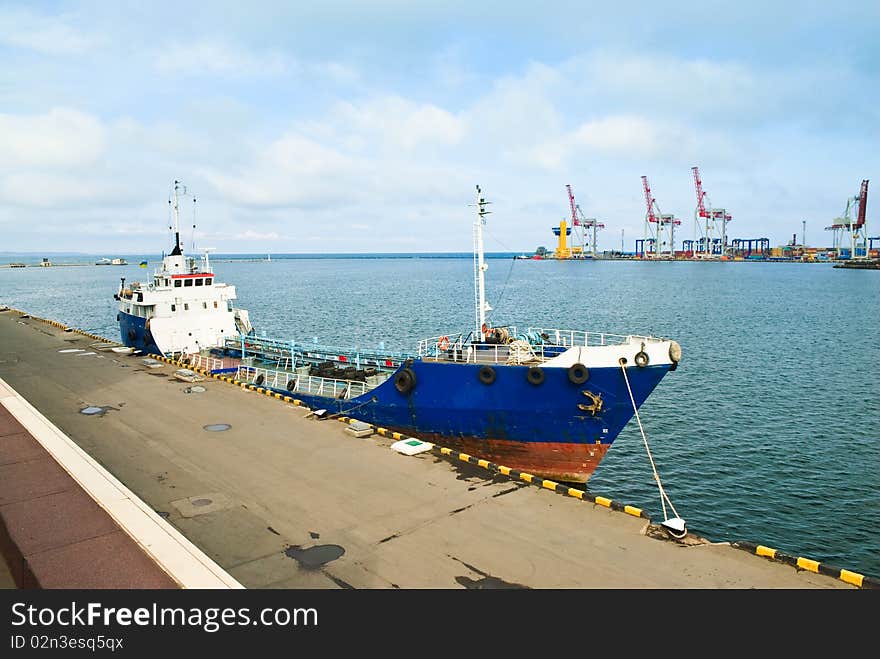 Sea port view with cranes and vessel in Odessa, Ukraine. Sea port view with cranes and vessel in Odessa, Ukraine