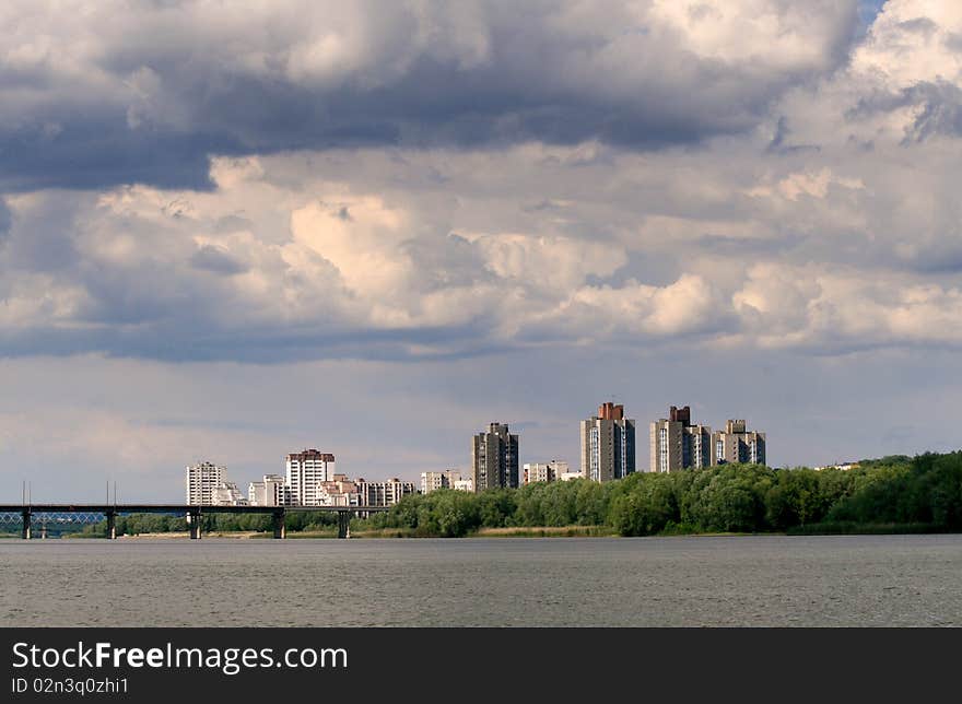 Landscape of the city on the river. Landscape of the city on the river