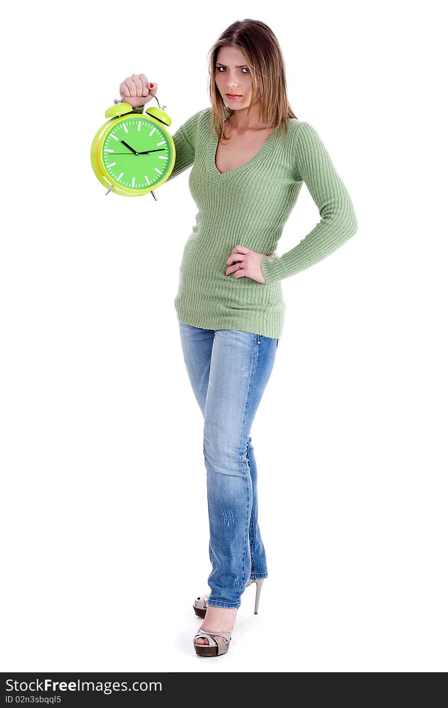 Attractive Young Model  Holding The Clock