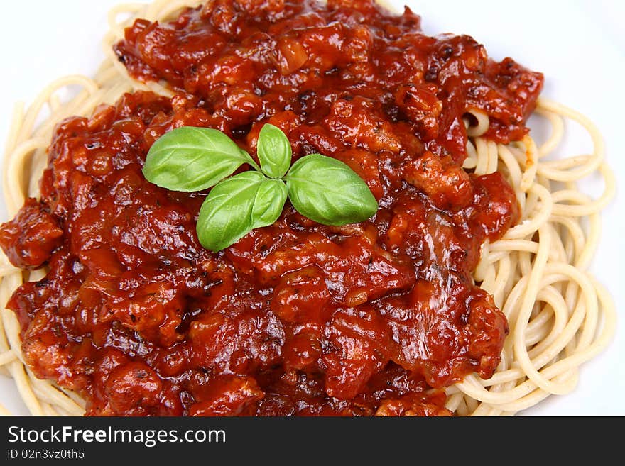 Spaghetti bolognese on a plate in close up