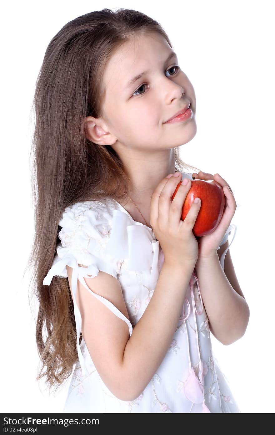 Girl with red apple isolated on white