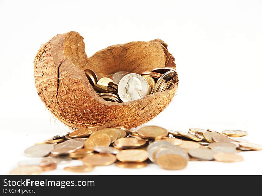 A coins in cocoa shell. A coins in cocoa shell