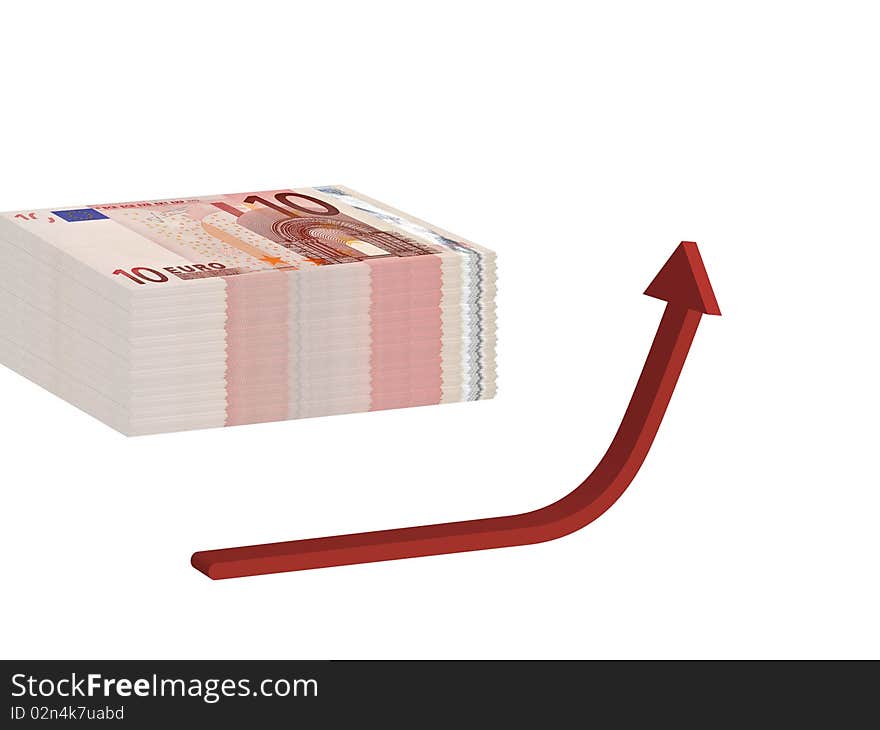 Red arrow points upwards in front of Euro banknotes. Red arrow points upwards in front of Euro banknotes