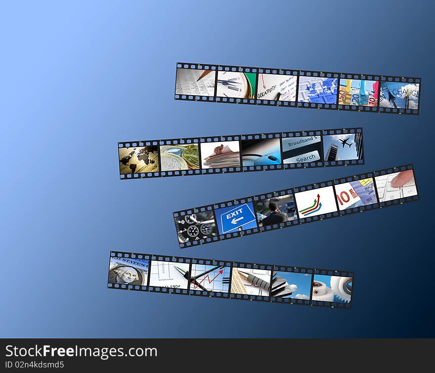 Film strips of business images over blue. Film strips of business images over blue