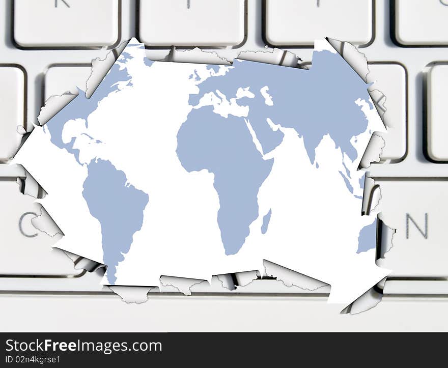 Conceptual image showing torn keyboard revealling map of world. Conceptual image showing torn keyboard revealling map of world