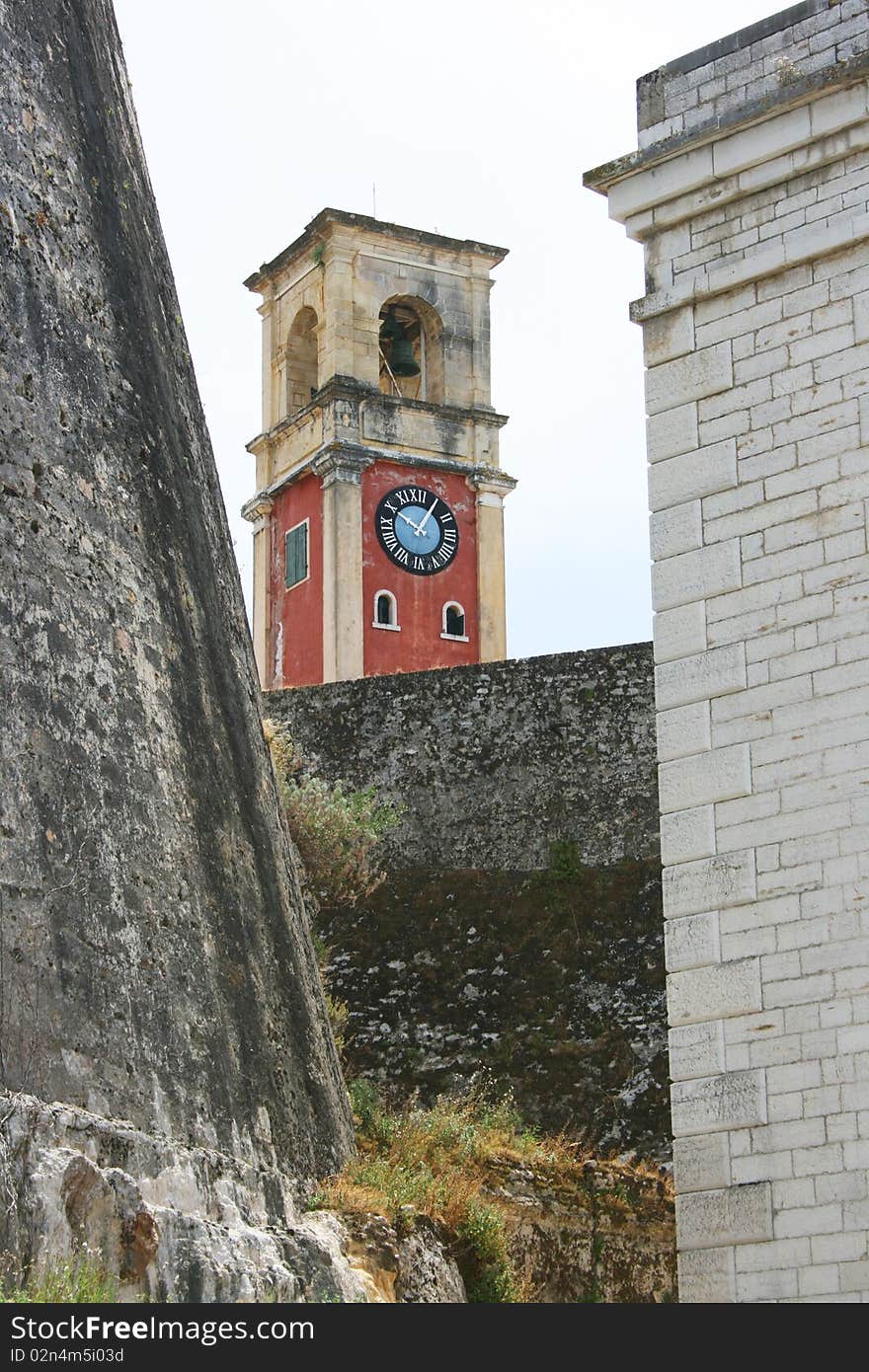 Old Byzantine fortress of Corfu town, Greece, clock tower. Old Byzantine fortress of Corfu town, Greece, clock tower