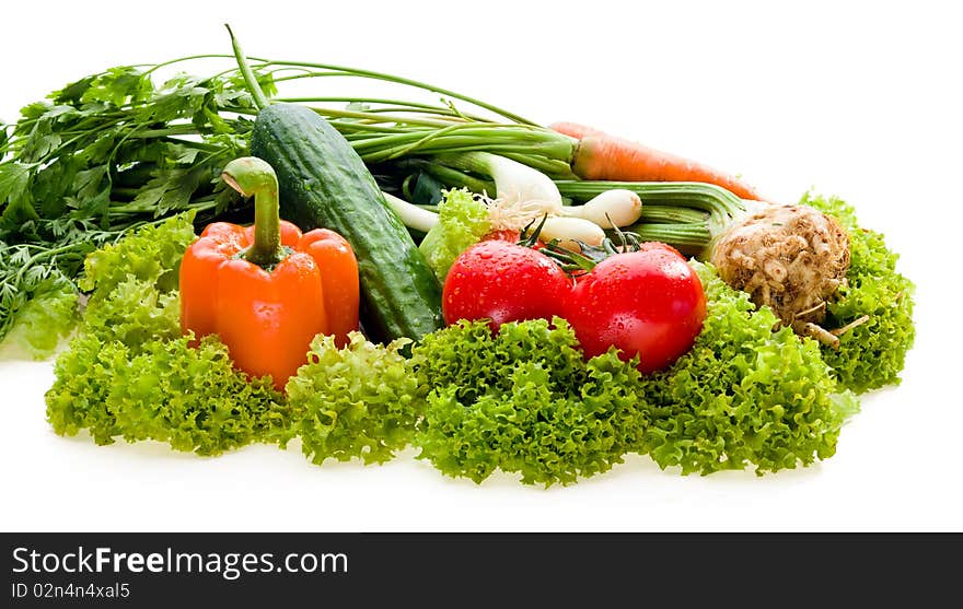 Organic raw vegetables on white background