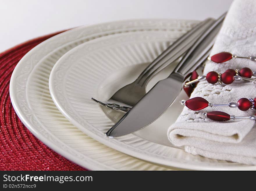 Modern Red Festive Table Place Setting, Close Up