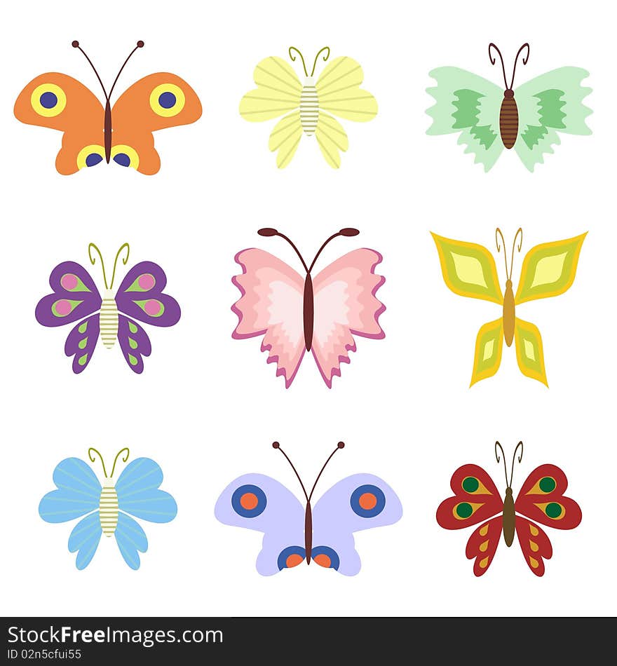 Set with butterflies on white background