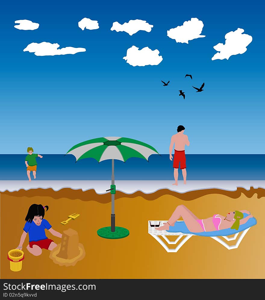 Illustration of a family spending the summer at the beach. Illustration of a family spending the summer at the beach