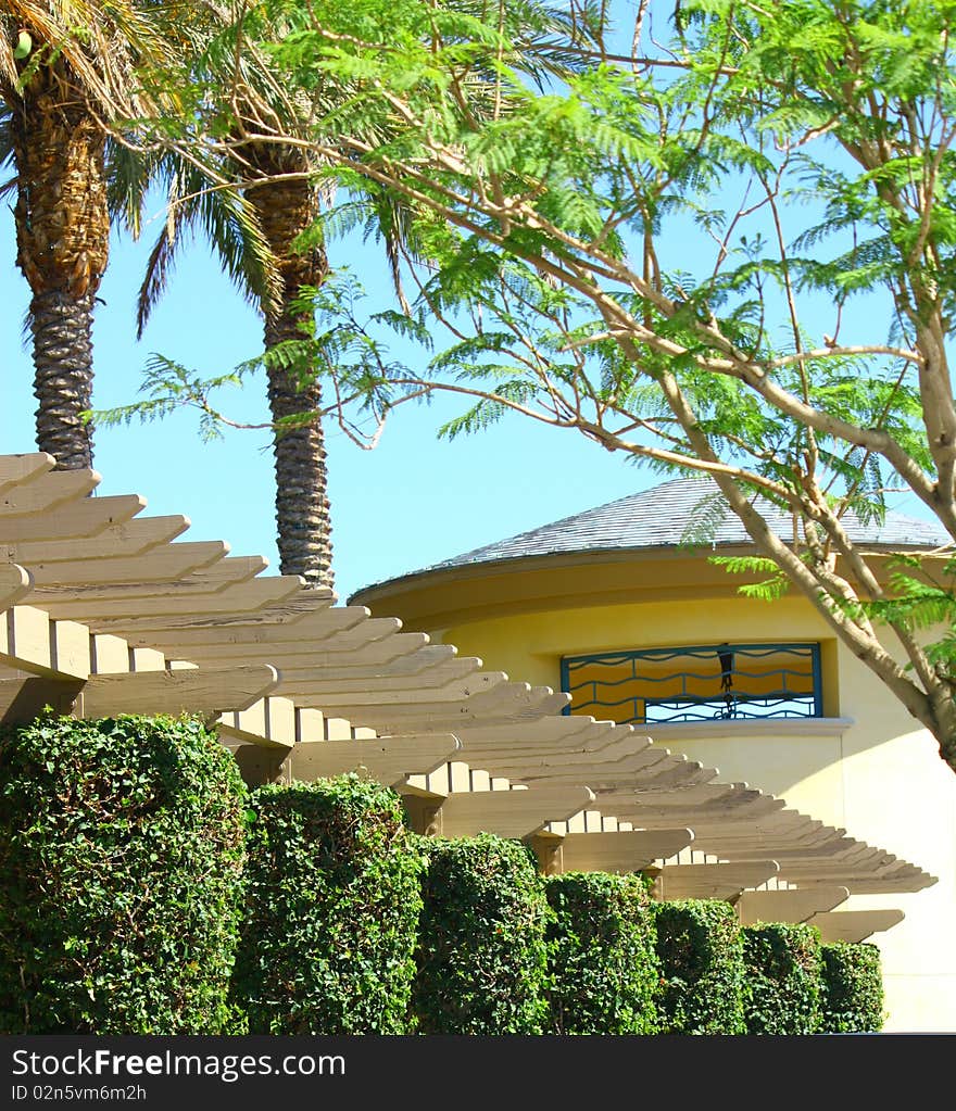 Garden corridor's roof rafters from outside.