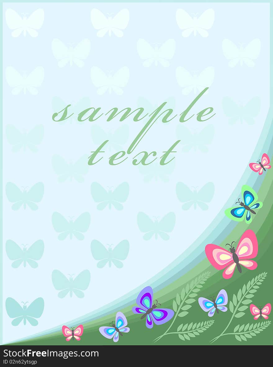 Postcard depicting various butterflies on a blue background