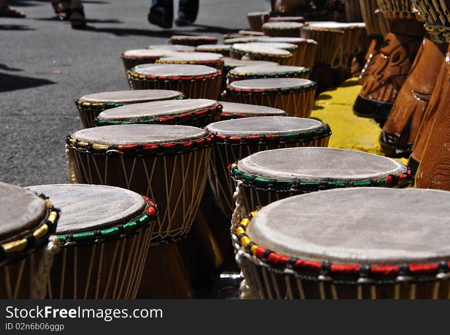 Street vendor of African djembe drums