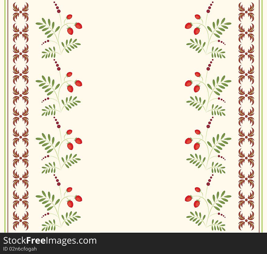 Floral card with green leaves and berries and ornamental elements