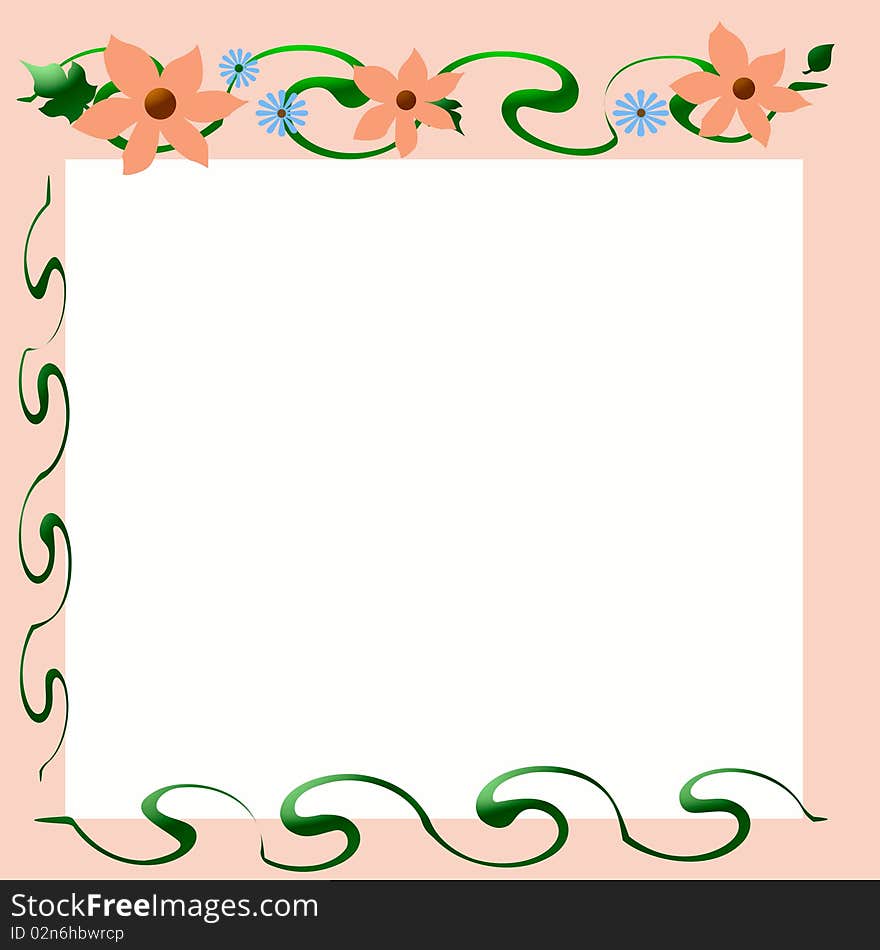 Peach and blue flowers frame white center illustration. Peach and blue flowers frame white center illustration