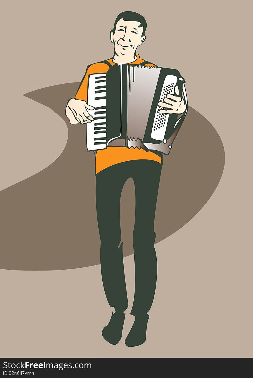 This is a portrait of a musician playing the accordion. This is a portrait of a musician playing the accordion