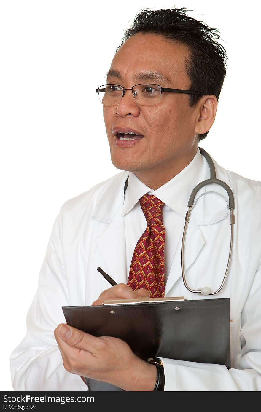 Friendly doctor, man in working coat with Stethoskop before white background