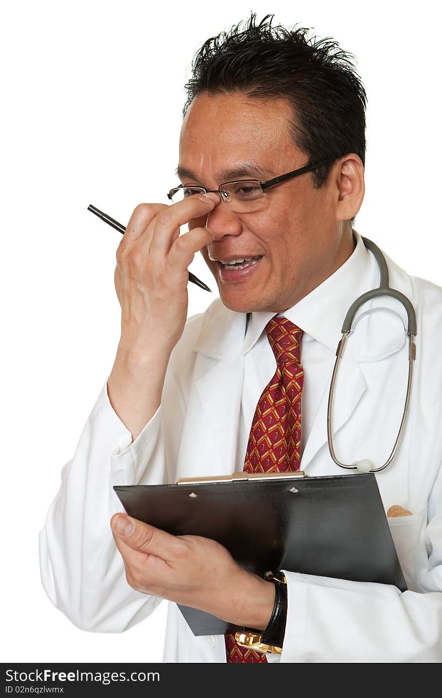 Friendly doctor, man in working coat with Stethoskop before white background