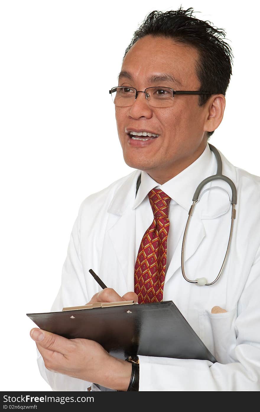 Friendly doctor, man in working coat with Stethoskop before white background