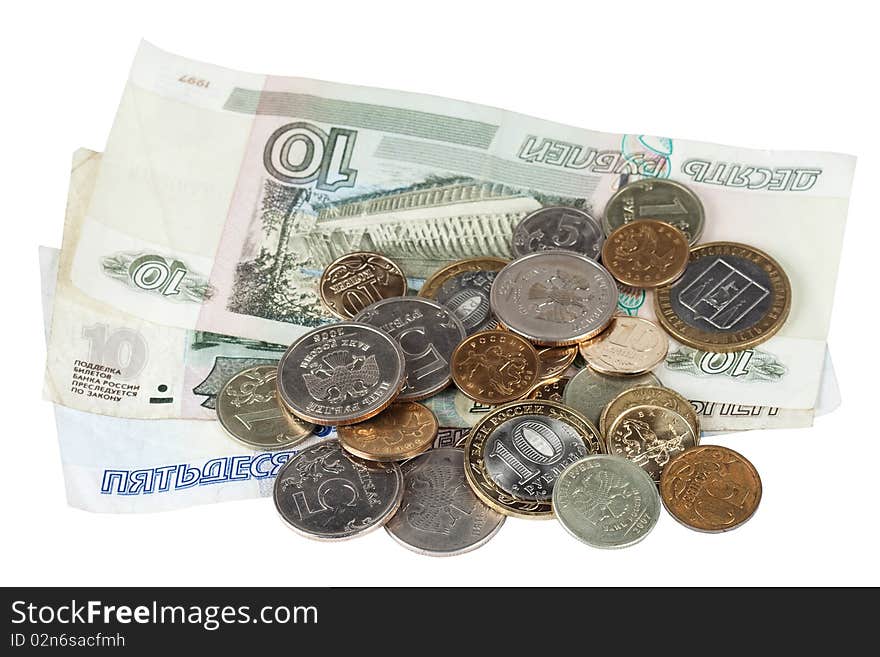 Pile of the paper banknotes and coins