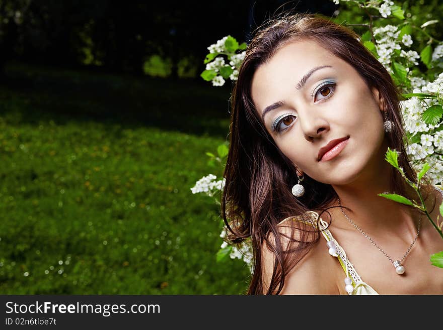 The young attractive girl in blossoming trees. The young attractive girl in blossoming trees