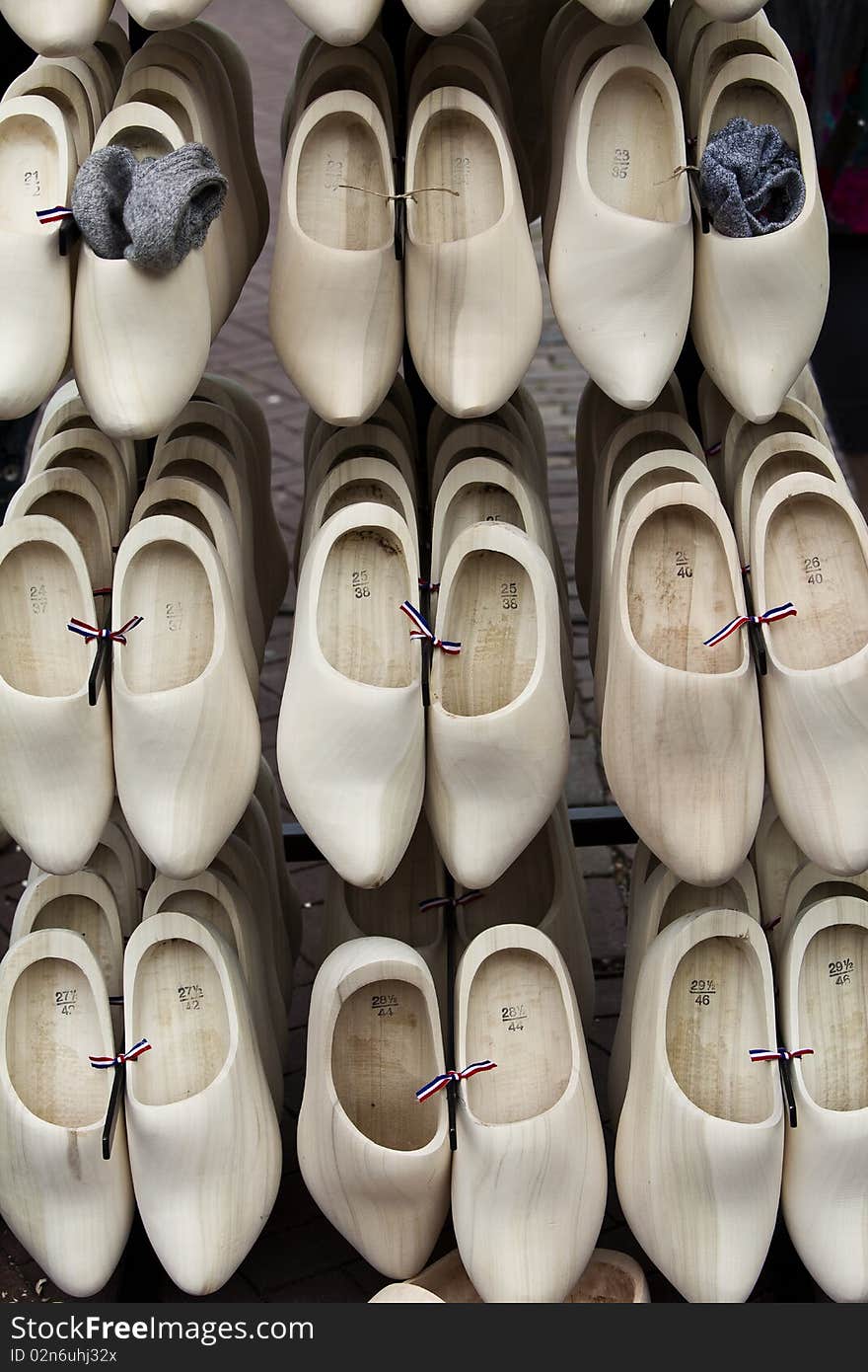 Wooden shoes from Holland on a sales stand. Wooden shoes from Holland on a sales stand